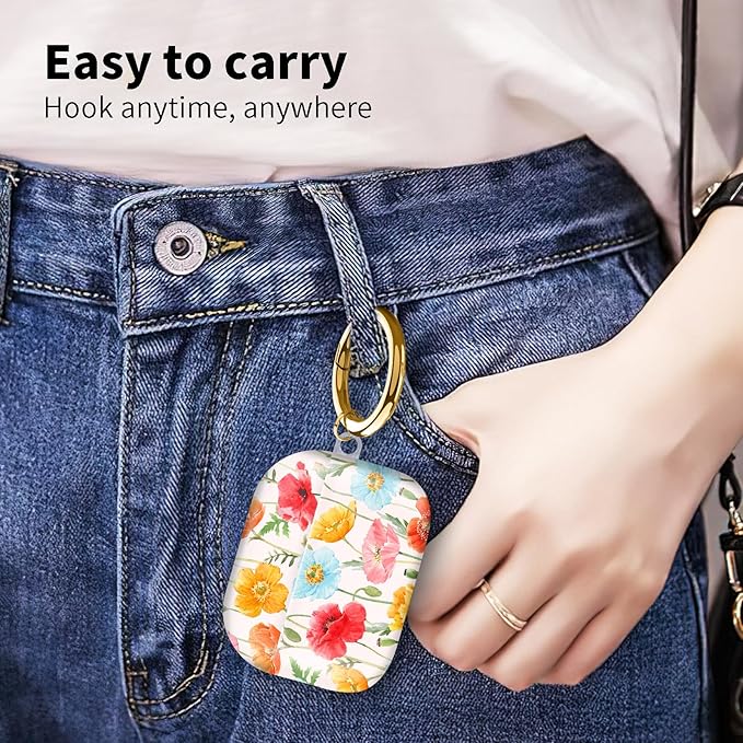 Compatible with Airpod pro 2nd/1st Generation Case Cover with Gold Round Keychain Cute Pattern Hard & Anti Slip Cover for Men Women & Girls（Blue Flowers）