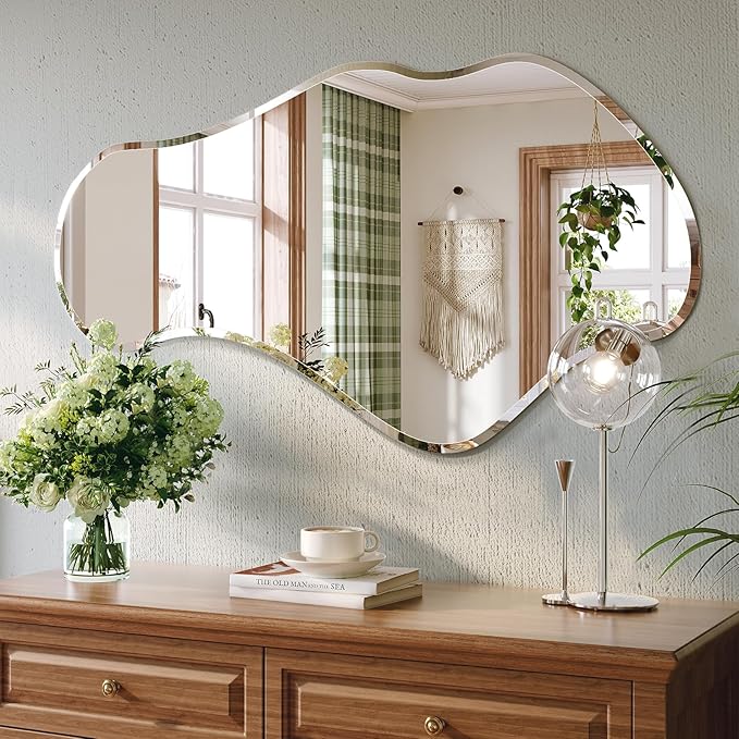 Irregular Wall Mirror, 26”x46” Frameless Asymmetrical Mirror, Beveled Frameless Funky Wavy Wall Mirrors for Entry Way Modern Bathroom Bedroom Living Room