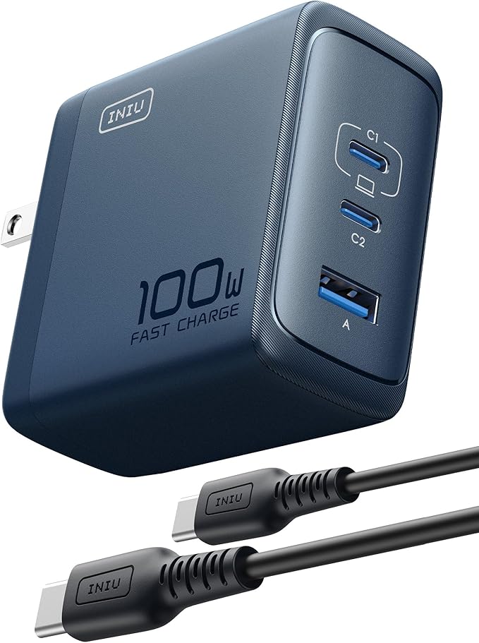 INIU for Macbook Pro Air Charger, 100W 3-Port PD Fast Charging, Compact Foldable Charger With USB C Cable, GaN Power Adapter For Mac Book, iPad, iPhone 17, Samsung S25, Switch, Camping, Business, Blue