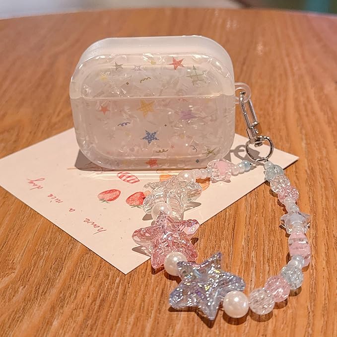 for AirPod Pro 3 Case 2025 Cute Dream Shell Pearl Shockproof Protective Cover with Strap Keychain Compatible for AirPods Pro 3rd Generation for Women Girls (Colored Stars)