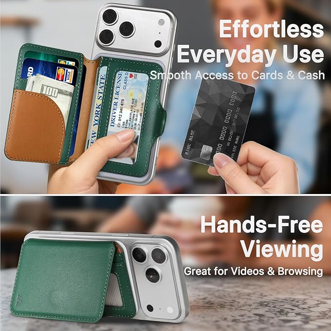 for MagSafe Wallet, Magnetic Phone Wallet RFID Blocking, Slim 5-8 Card Holder with Cash Slot & Clear ID Window, Minimalist Mag Safe Wallets for iPhone 17/16/15/14/13/12 Series, Forest Green