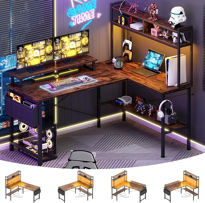 Aheaplus L Shaped Gaming Desk with Power Outlets & LED Lights, Small L-Shaped Desk Computer Corner Desk with Monitor Stand & Storage Shelf, Home Office Desk Writing Desk with Storage Bag, Rustic Brown