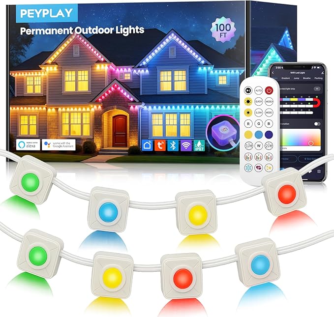 100ft Permanent Outdoor Lights, 60 RGB + IC Smart LEDs, 75 Scene Modes, IP67 Waterproof, App & Voice Control (Alexa & Google Assistant), DIY Colors, Music Sync, Holiday Lighting Scenes (100ft)