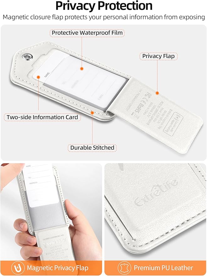Luggage Tags, Works with Apple Find My, Leather Luggage Tag for Suitcases, Travel Tags, Bag Tag, Suitcase Tag with Privacy Flap, Anti-Lost Smart Luggage Tracker, Travel Essentials, White