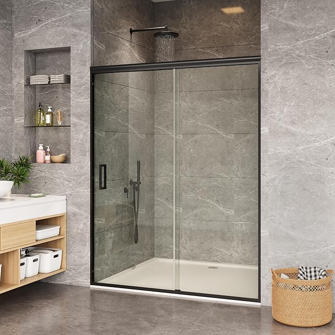 Framed Sliding Shower Door 56–60 Inch W x 72 Inch H – Dual Sliding Tempered Glass Panels with Easy-Clean Coating, Matte Black Aluminum Frame, Modern Shower Enclosure for Main Bathroom
