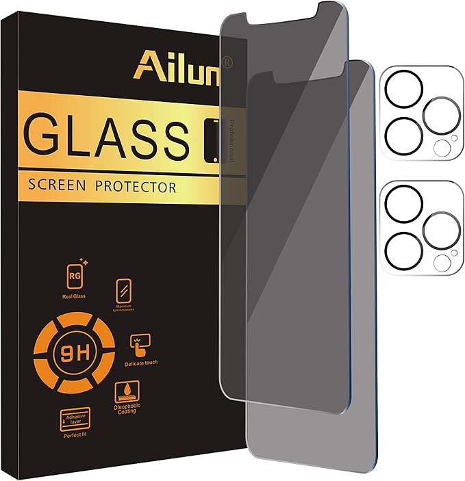 Ailun 2Pack Privacy Screen Protector for iPhone 12 Pro [6.1 inch] + 2 Pack Camera Lens Protector, Anti Spy Private Tempered Glass Film,[9H Hardness] - HD