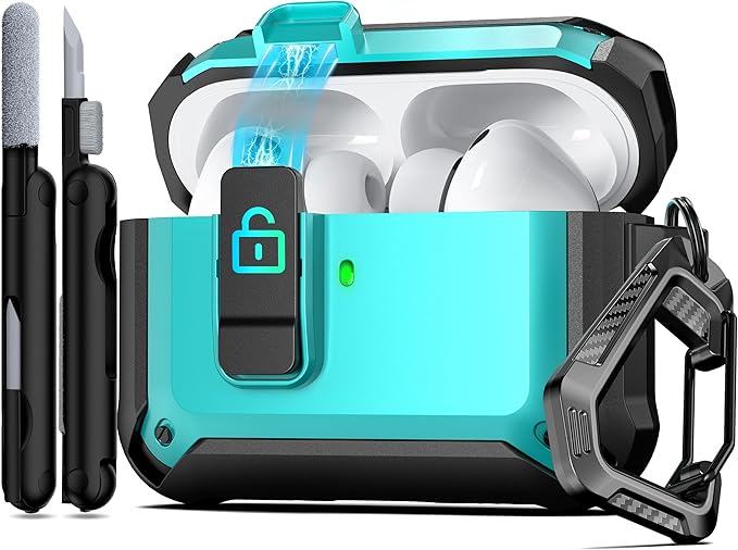 RFUNGUANGO AirPods Pro 3 Case (2025) with Safety Lock and Automatic Pop-up, Compatible with Airpods Pro 3rd Generation Case, Magnetic Lid, Compatible MagSafe, Hard Shockproof Protective Case, Teal
