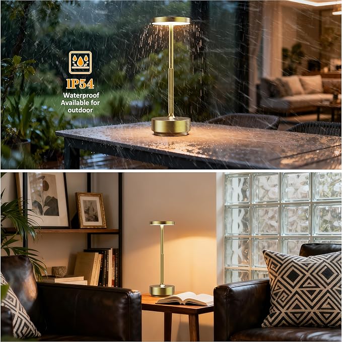 SAKRINGT Rechargeable Cordless Table Lamp - Battery Operated LED Portable Table Light with 3 Color Stepless Dimming, Memory Function - IP54 Waterproof for Outdoor, Restaurant, Patio, Camping
