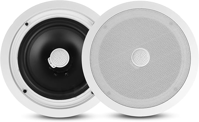 Pyle 8” Ceiling Mount Speakers (Pair)- 2-Way Stereo Speaker System with Easy Install Flush Design - Directable 1” Titanium Dome Tweeter - 55Hz Freq Response for Deep Bass - 300W Peak Power,(White)