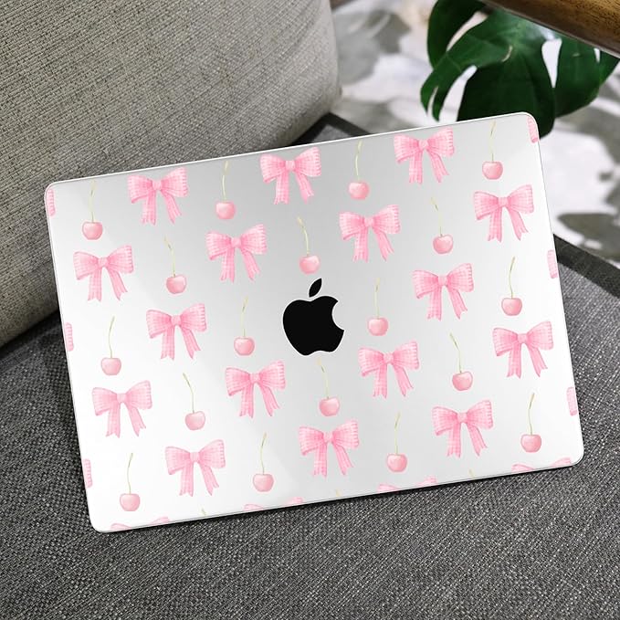 MEEgoodo for MacBook Air 13.3 inch Case 2021 2020 2019 2018 A2337 M1 A2179 A1932, Laptop Shell for MacBook Air M1 with Keyboard Webcam Cover & Trackpad Film & Type C Adapter,Cherry & Pink Bows
