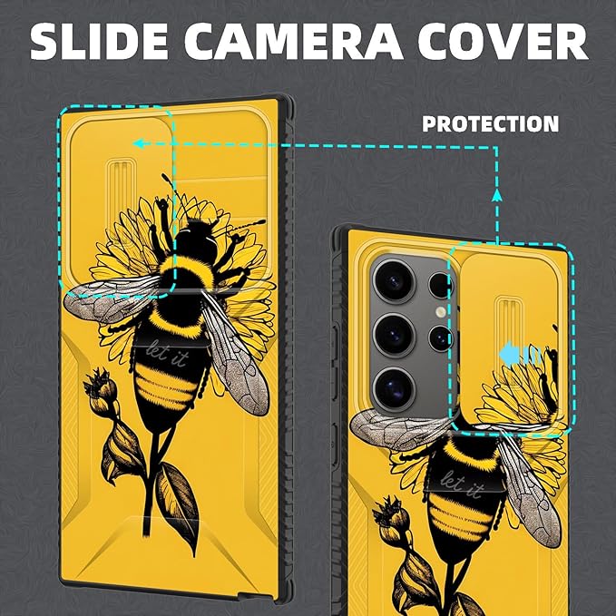 for Galaxy S24 Ultra Case Built in Slide Camera Lens Cover,Heavy Duty Shockproof Protection Dual Layer Case for Samsung Galaxy S24 Ultra 6.8" 2024,Honeybee Flower
