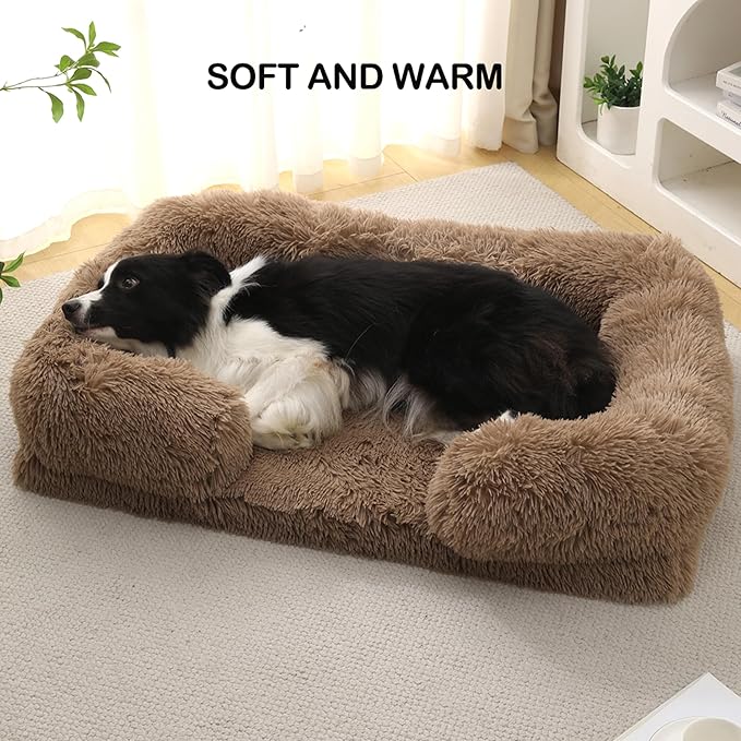 Orthopedic Dog Bed for Medium Dogs - Washable Memory Foam Pet Sofa, Fluffy Plush Rectangular Bed, Waterproof Anti-Anxiety Couch, Khaki, M