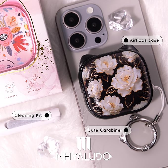 for AirPods 4 Case with Cleaning Kit, Cute Cat Ear Print Design & Cute Buckle, Inverted Phone Holder Design, Top Safe Lock Buckle Design, for Girls AirPods 4 case 2024, Black Peony