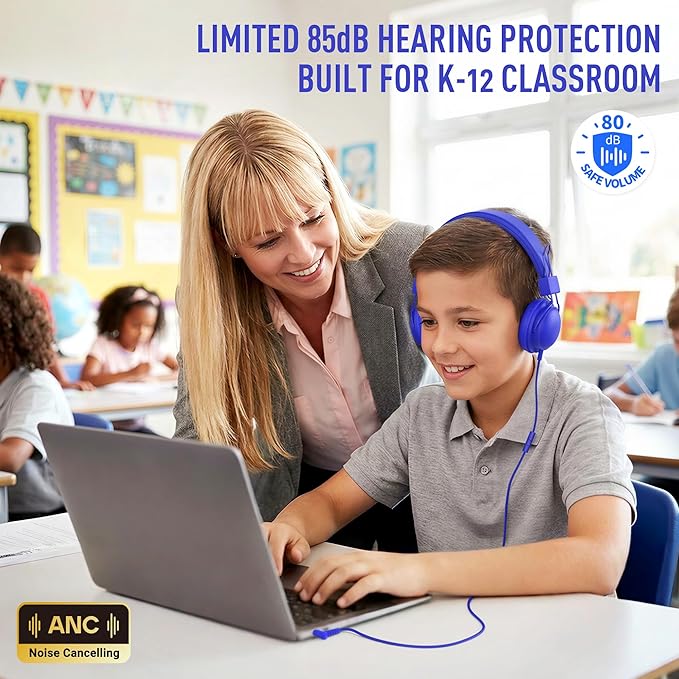 AILIHEN Kids Headphones Wired Bulk 10-Pack for K-6 School & Classroom, with Microphone, 85dB Volume Limit, Shareable, Foldable, 3.5mm Jack for Chromebook, Computer - Multicolor