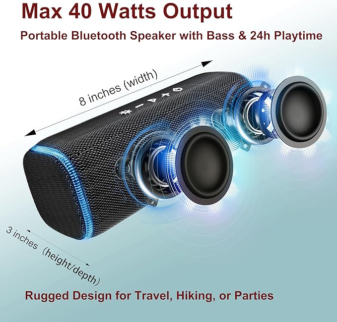 Bass Boosted Bluetooth Bike Speaker, IPX7 Waterproof Portable Wireless Outdoor Speaker, 25-Hour Playtime, LED Lights, TWS Pairing for Pool, Beach, Shower, Gifts (Black)