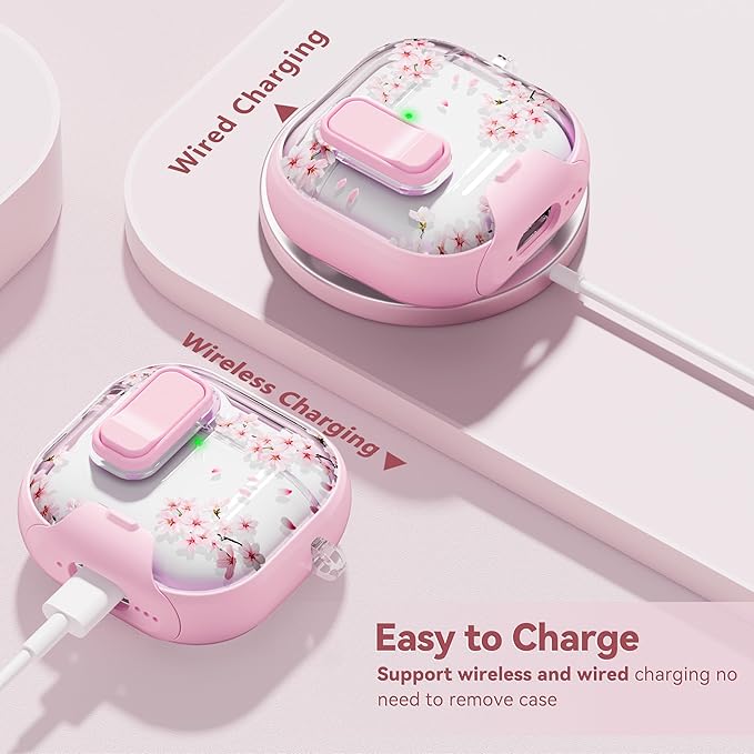 with Safety Lock for Apple AirPods 4 Case,Clear Floral Cute AirPod 4th Generation Case with Phone Stand & Cleaning Kit for Women Girly-Cherry Blossom