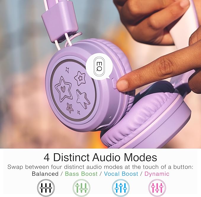 MEE audio KidJamz KJ55BT Personalized Bluetooth Wireless Safe Listening Headphones for Kids w/Custom LED-Backlit Design, Volume Limiter, Mic; Kids Headset for School/iPhone/iPad/Tablet (Lavender)