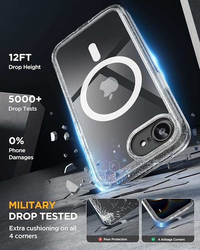 Miracase for iPhone 17e Case & iPhone 16e Case, Full-Body Phone with Built-in Glass Screen Protector, [Magnetic with MagSafe] Military Drop Proof 17 E/ 16 E Cover Bumper 6.1 inch, Clear Glitter