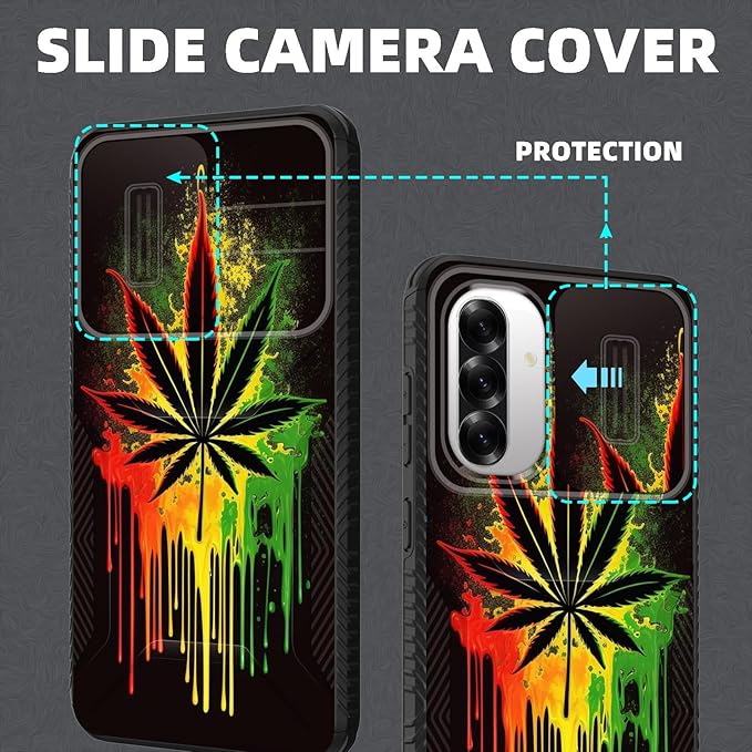for Galaxy A36 5G/A56 5G Case Built in Slide Camera Lens Cover,Heavy Duty Shockproof Protection Dual Layer Case for Samsung Galaxy A36 5G/A56 5G 6.7" 2025,Marijuana Leaf Weed