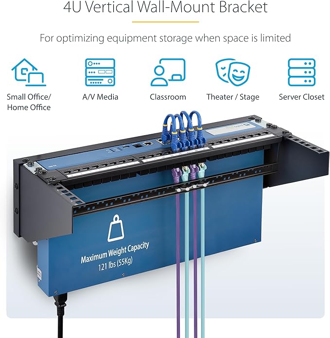 StarTech.com 4U Vertical Wall-Mount Bracket for 19inch Rack Mountable Equipment, 121lb/55kg Capacity, for Patch Panels/Servers