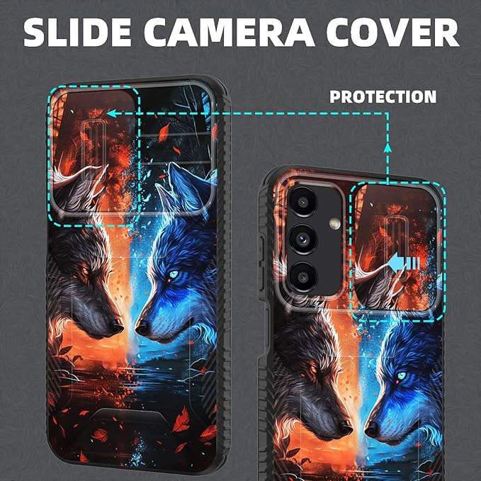 for Galaxy A16 5G Case Built in Slide Camera Lens Cover,Heavy Duty Shockproof Protection Dual Layer Case for Samsung Galaxy A16 5G 6.7" 2024,Cool Wolf