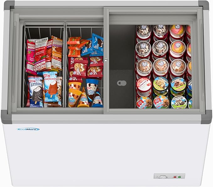 KoolMore 33 in. Flat‑Top Ice Cream Display Freezer, 7 Cu. Ft. Commercial Chest Freezer with Sliding Glass Doors, ETL Listed in White