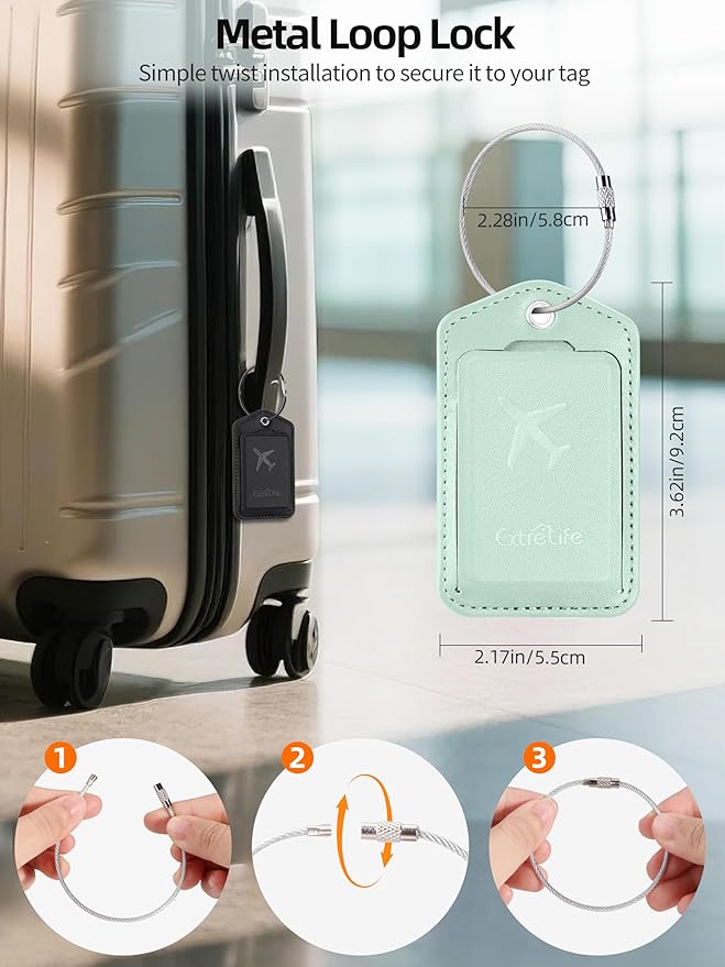 Luggage Tags, Works with Apple Find My, Leather Luggage Tag for Suitcases, Travel Tags, Bag Tag, Suitcase Tag with Privacy Flap, Anti-Lost Smart Luggage Tracker, Travel Essentials, Light Green