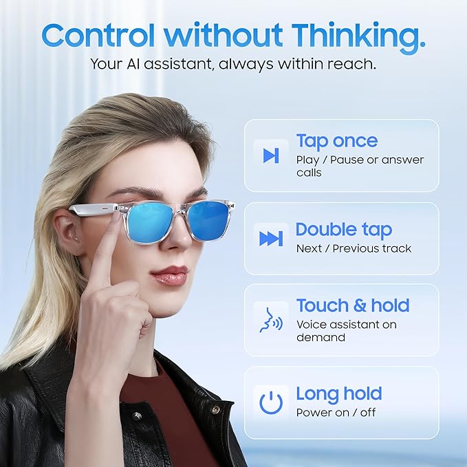 LIMU Gen 5 Smart Glasses, AI Glasses with Real-Time AI Interpreter - Open-Ear Bluetooth Glasses with Speakers for Calls & Music, Touch Control, Ice-Blue Lens Style, Premium Build for Women & Men