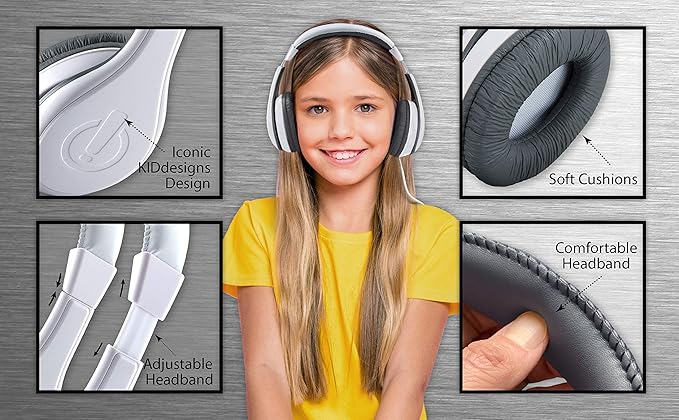 eKids Kids Headphones, Stereo Sound, 3.5mm Jack Cord, Wired Headphones for Kids, Tangle-Free, Volume Control, Childrens Earphones Over Ear for Travel White