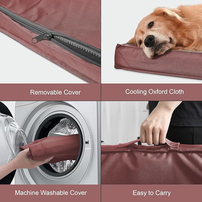 Outdoor Large Washable Dog Bed, Orthopedic Egg Crate Foam Dog Crate Mat for Large Dogs with Removable Oxford Cooling Cover, Pink