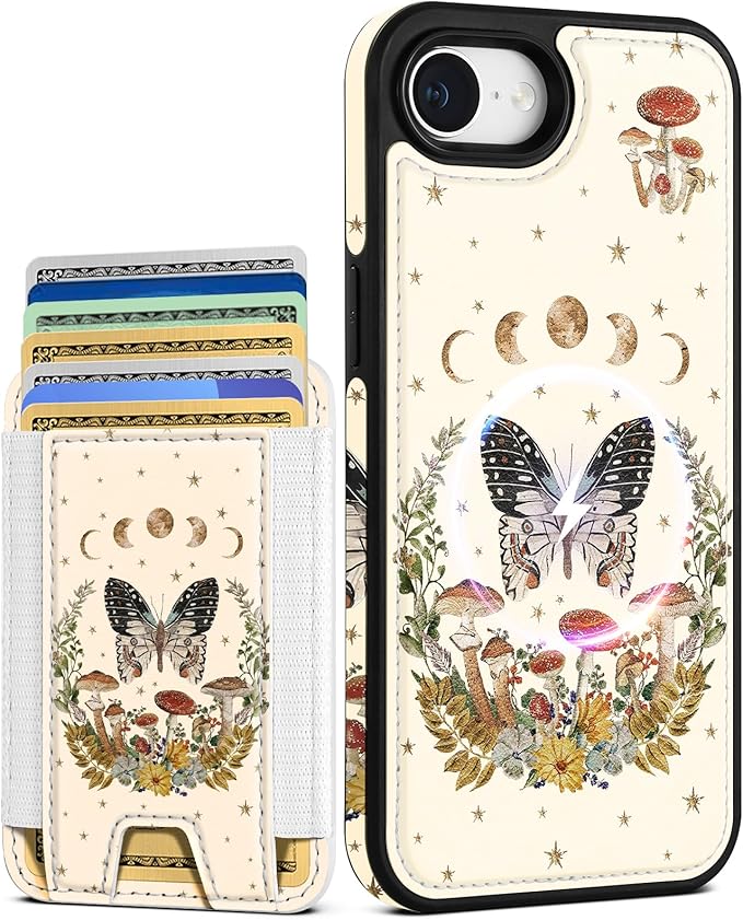 Shorogyt for iPhone 17e/16e Wallet Case - Fits 5 Cards, Compatible with Magsafe Detachable Magnetic Credit Card Holder Leather Cardholder Cute Phone Cover Women Girls for Apple 17e/16e, Moon Butterfly