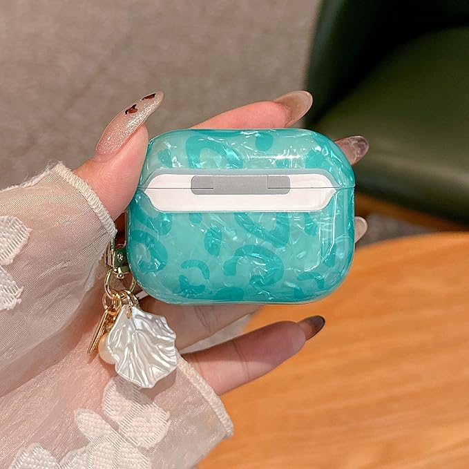 for Airpod Pro 3 Case 2025 Cute Luxury Leopard Hard TPU Protective Cover with Shell Pearl Keychain Compatible with AirPods Pro 3rd Generation for Girls Women (Turquoise Blue)