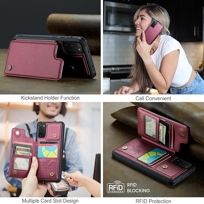 Bemal for Samsung Galaxy S20 FE Wallet Case with Card Holder, RFID Blocking, Shockproof Leather Kickstand for Men and Women, Durable Protective Phone Cover for 6.5", Wine Red