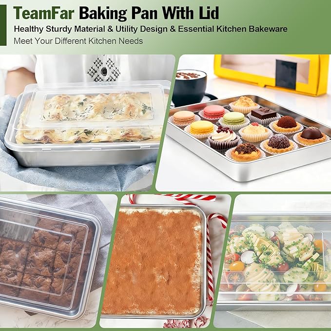 TeamFar Lasagna Pan, 12.3’’ x 9.75’’ x 2’’ Stainless Steel Rectangular Cake Brownie Baking Pan with Lid, Non-Toxic & Heavy Duty, Brush Surface & Deep Side, Dishwasher Safe-2 Pans+2 Lids