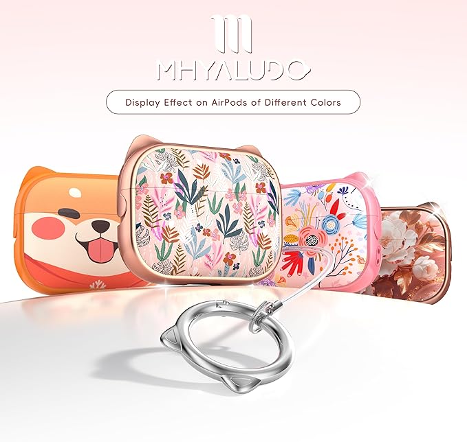 for AirPods Pro 2 Case with Cleaning Kit, Cute Cat Ear Print Design & Cute Buckle for Girls, Phone Holder & Top Safe Lock Buckle Design for AirPods Pro 2nd/1st Gen case, Rose Gold Leaves