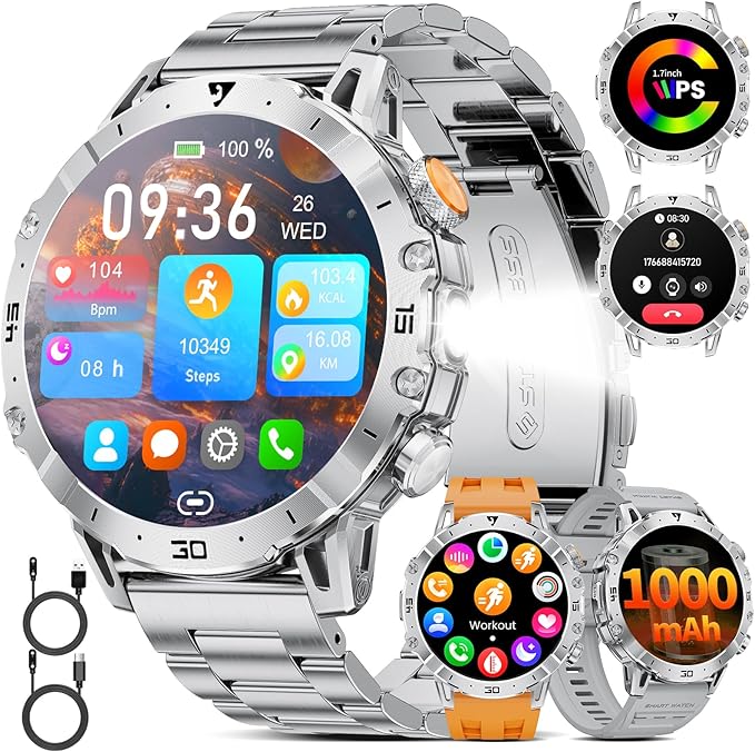 LIGE Smart Watches for Men 1000mAh Battery/LED Flashlight/3 Straps, 1.7" Ultra HD Screen Outdoor Smartwatch with 111 Sports Modes, Bluetooth Call 5ATM Waterproof Fitness Tracker Android iOS,Sliver