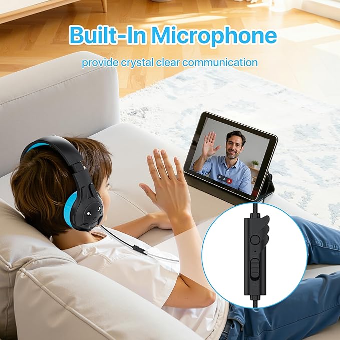 ZIUMIER Kids Headphones, with Microphone, 80/90dB Volume Limiter, Audio Sharing Port, 3.5mm Wired Toddler Headphones for School Travel