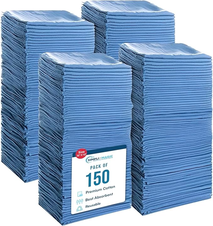 SIMPLI-MAGIC Cotton Shop Towels 14"x12" (150 Pack) – Reusable Cleaning Shop Rags for Automobiles, Industries, Garage and Homes (Blue)