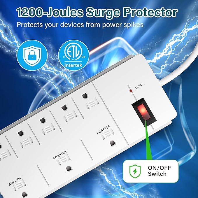 Elecan Surge Protector Power Strip with 4 Ft Extension Cord, 8 Widely Spaced Outlets with Safety Cover, 45 Degree Flat Plug Wall Mountable Multi Outlet Extender, Heavy Duty 14AWG, 1200J/125V,ETL-White