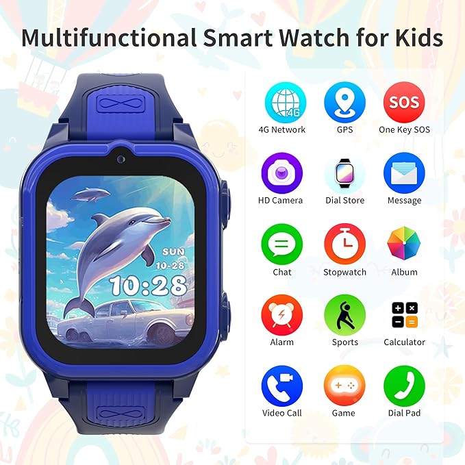 Kids Smart Watch with GPS Tracker and Video Calling SOS Call Camera Pedometer Games for Boys Blue