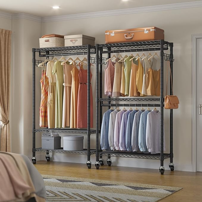 VIPEK R2 Medium Rolling Clothes Rack Heavy Duty Clothing Rack for Hanging Clothes Adjustable Metal Wire Shelving Portable Closet with Wheels Side Hooks, Freestanding Closet Wardrobe, Black