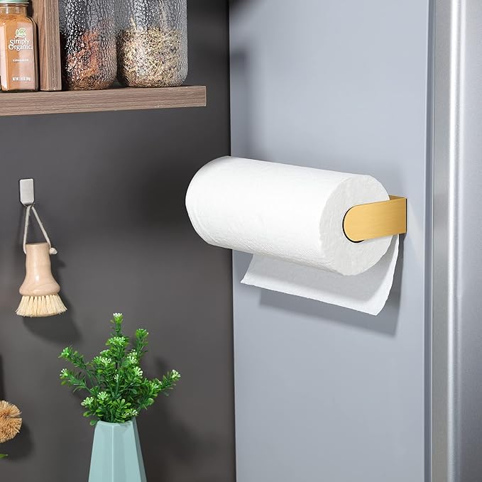 YIGII Adhesive Paper Towel Holder Under Cabinet - Single Hand Operable Paper Towel Rack Stick on Counter for Kitchen, SUS-304 Stainless Steel (Brushed Gold)