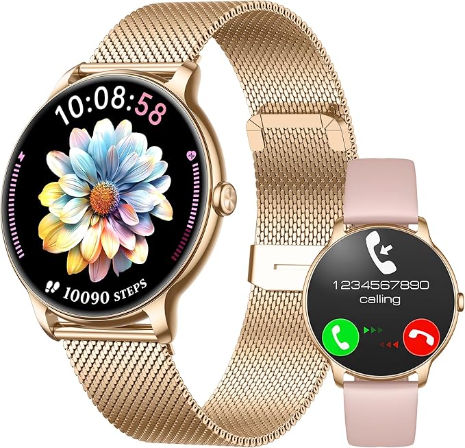 Smartwatch for Women Ultra Slim,1.32" AMOLED Fitness Tracker with Heart Rate, Blood Oxygen, Sleep Monitor, Pedometer, Bluetooth Call, IP68 Waterproof, iPhone & Android -2 Bands