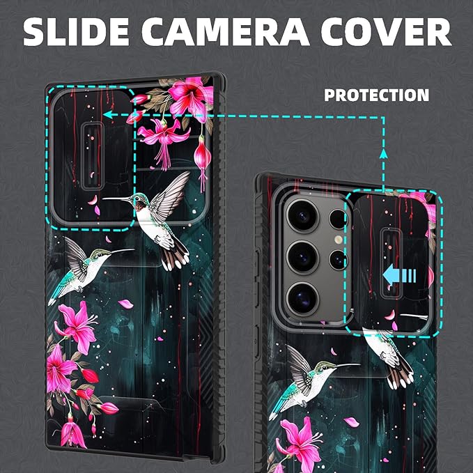 for Galaxy S26 Ultra Case Built in Slide Camera Lens Cover,Heavy Duty Shockproof Protection Dual Layer Case for Samsung Galaxy S26 Ultra 6.9" 2026,Flower Hummingbird