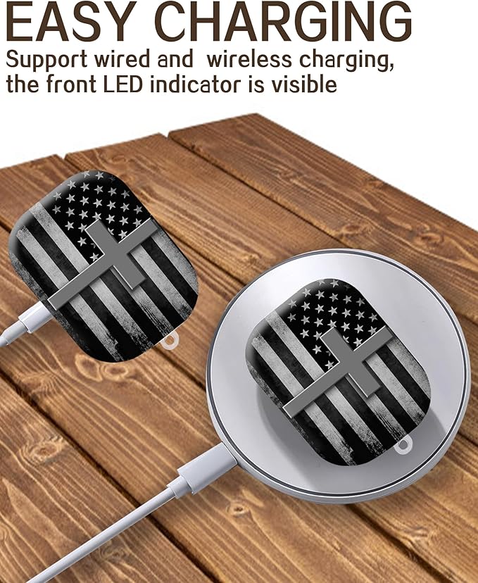 Compatible with Airpod Pro 2nd/1st Generation,360° Full Protection Cover for Girl Women,Hard Case Portable & Shockproof for Airpod Pro 2nd Charging Case 2023/2022/2019(Black White American Flag Cross)