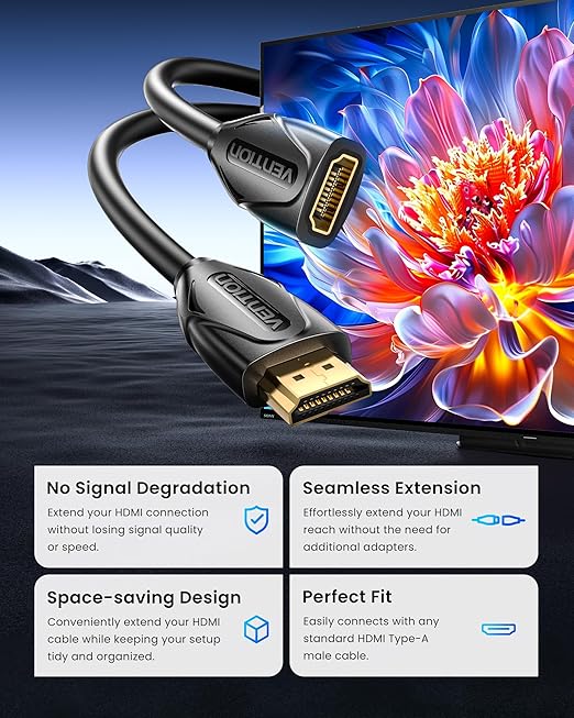 VENTION HDMI Extension Cable 6.6FT, 4K HDMI Extender Male to Female Cable Compatible with TV Roku Laptop Xbox Blu-Ray PS5/PS4 Switch