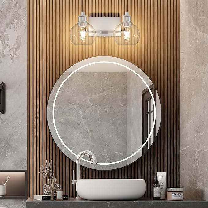 Tipace 2 Lights Modern Bathroom Vanity Light Fixtures Over Mirror Brushed Nickel Industrial Vanity Lights with Globe Clear Glass Farmhouse Wall Sconces Fixture(Exclude Bulb)