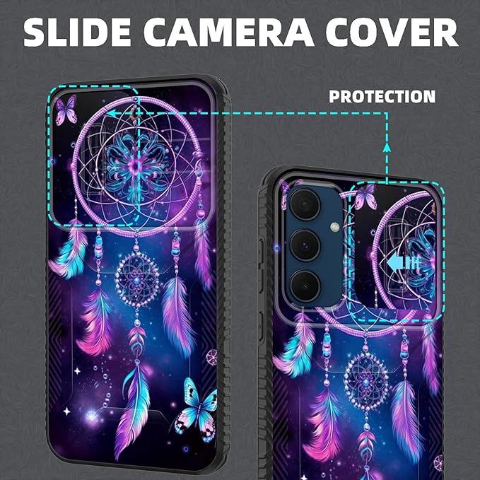 for Galaxy A35 5G Case Built in Slide Camera Lens Cover,Heavy Duty Shockproof Protection Dual Layer Case for Samsung Galaxy A35 5G 6.6 inch 2024,Butterfly Dream Catcher