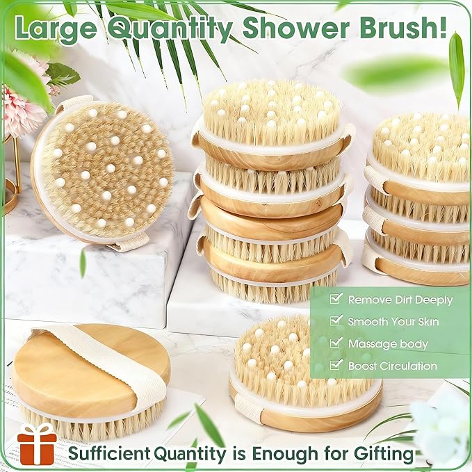 Gejoy 5 Pcs Dry Brushing Body Brush for Lymphatic Drainage Exfoliating Brush with Massage Nodule Dry Skin Body Scrubber Cellulite Shower Circulation Dead Exfoliator (4.3 x 4.3 Inches,Wood Color)