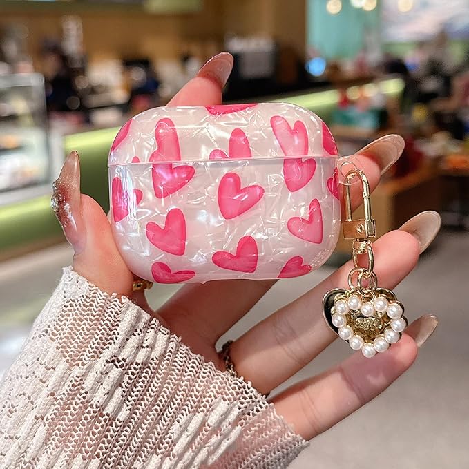 for Airpod Pro 3 Case 2025 Cute for Girls Women Romantic Love Shell Pearl Protective Cover with Keychain Compatible for Airpods Pro 3rd Generation Case (Hot Pink Hearts)